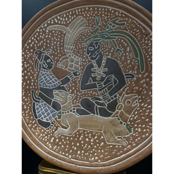 Mexico Mayan Hand Painted Carved Terracotta 9.5” Wall Plate Mesoamerica Style - Picture 3 of 7